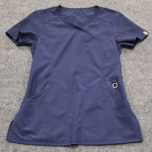 Cherokee Infinity V Neck Scrub Top Women's‎ Short Sleeve Mock Wrap Blue XXS